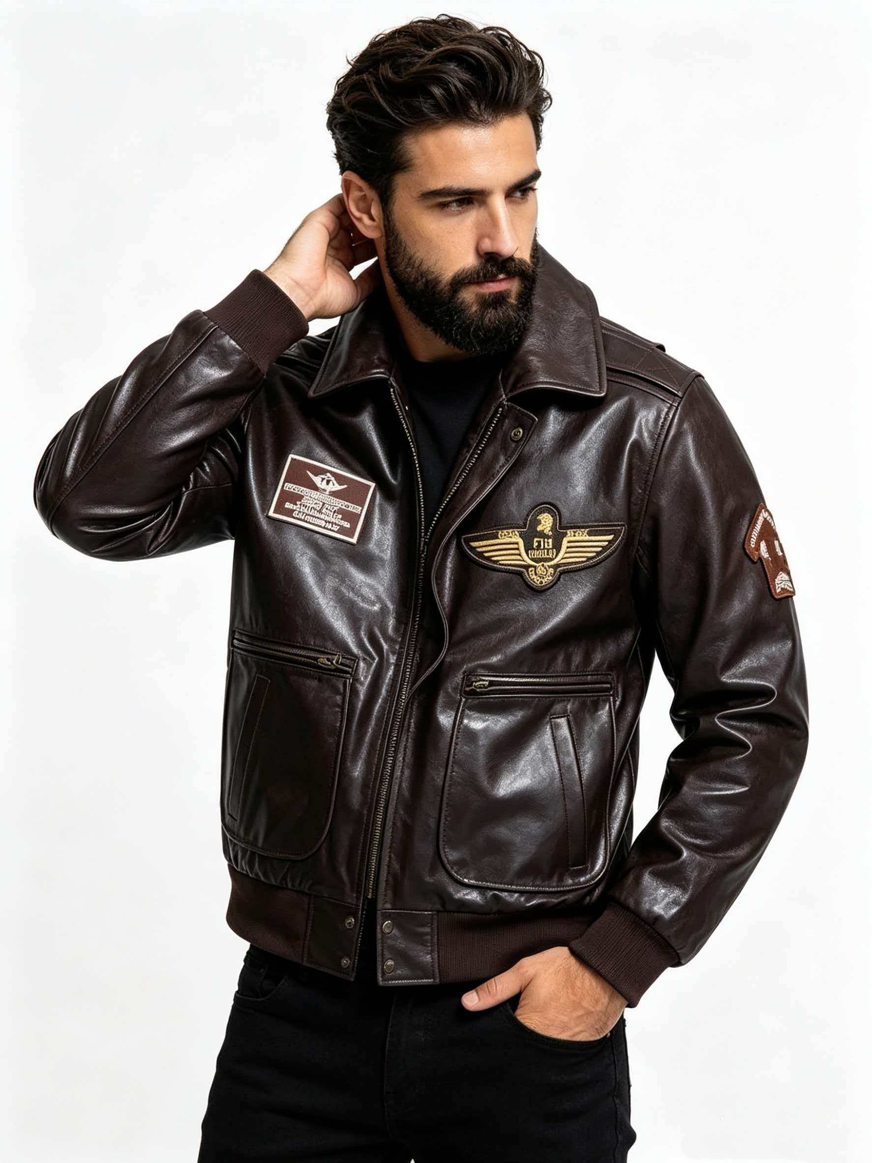 Winter Clothing Pk - Blouson militaire en cuir véritable pour